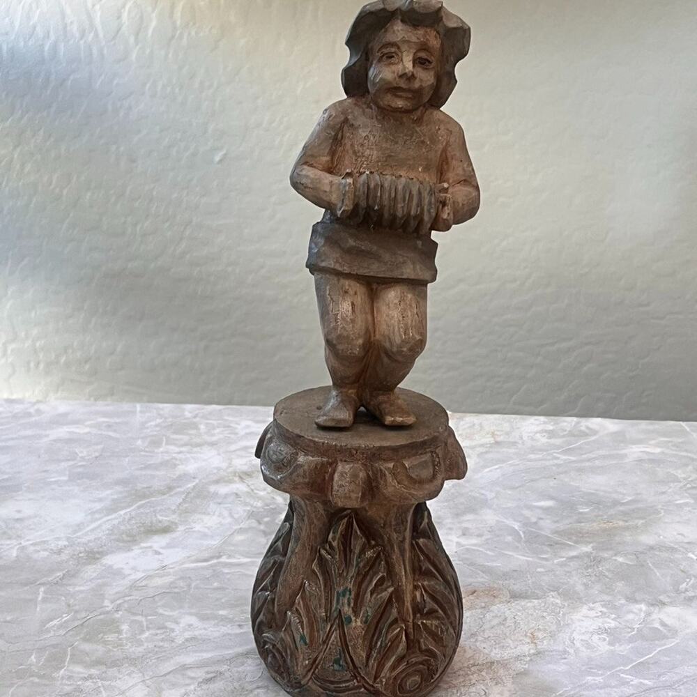 Hand-Carved Wooden Figurine 13" Boy Playing An Accordion